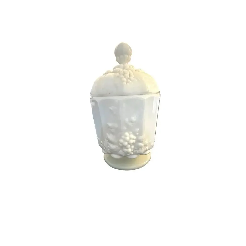 Vintage Westmoreland Grape Paneled Milk Glass Canister with Lid Candy Dish 6” T